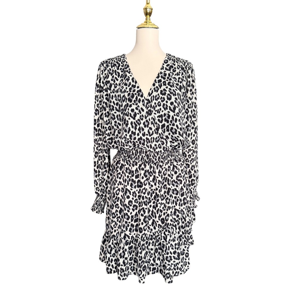 Vince Camuto Womens 1X Leopard‎ Print Smocked Waist Ruffle Hem Surplice Dress